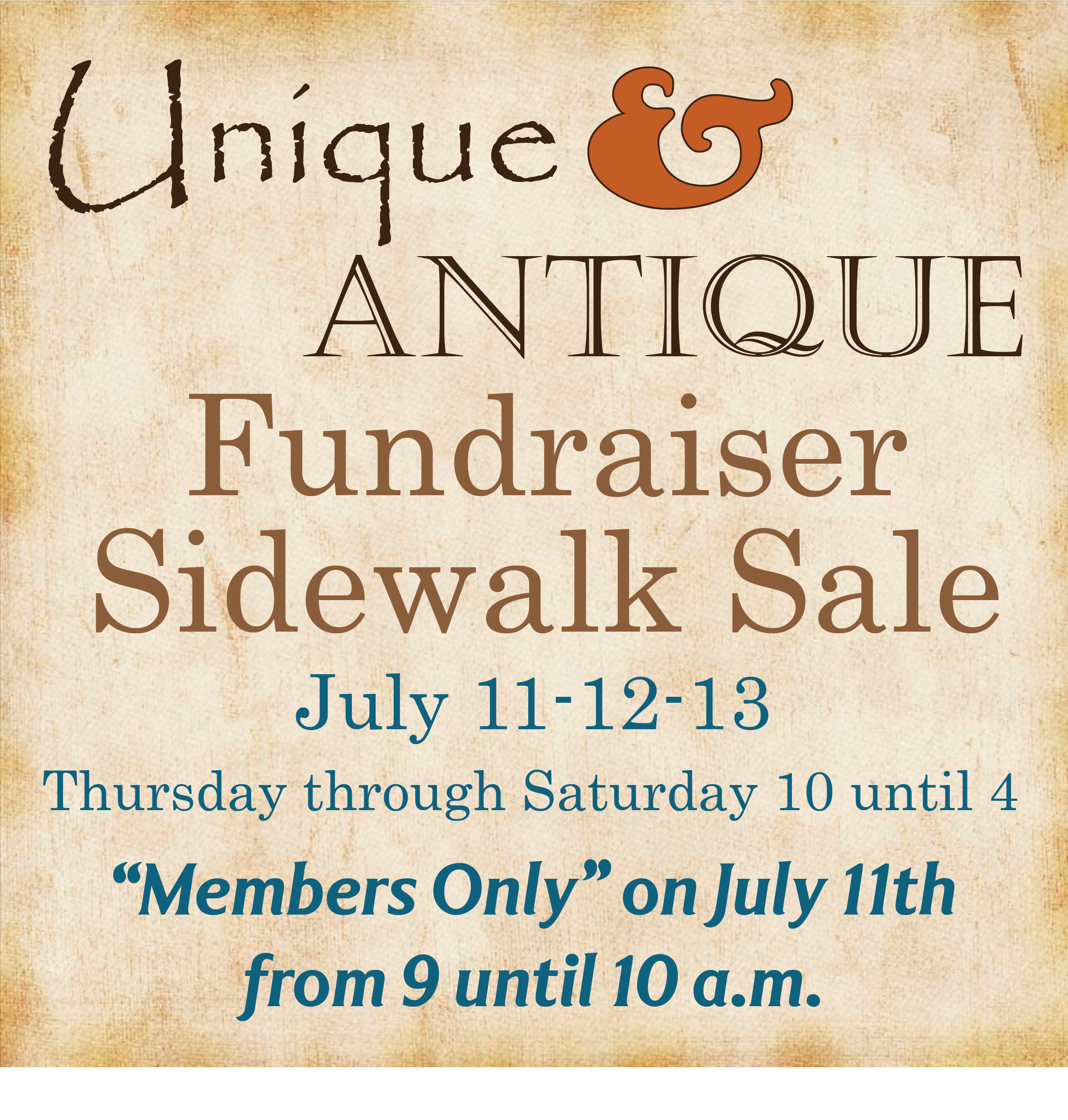 Unique & Antique Sidewalk Sales event notice 7-11,12,13, 2024